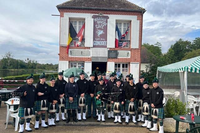 Pegasus Bridge July 2023. Some 25 members of the Campbell College Bugles, Pipes and Drums conducted a battlefield Tour of Normandy in the last week of July