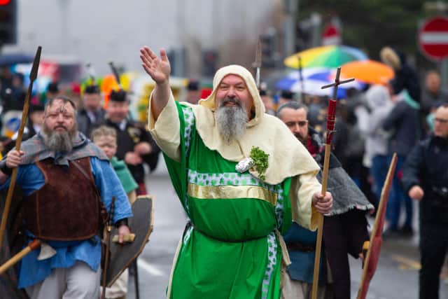 St Patrick leading the parade through Newry. NM231038