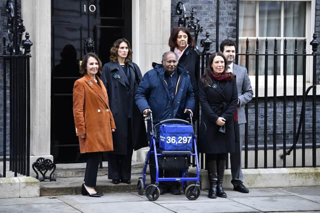 (left to right) Dame Arlene Phillips, Vicky McClure, Ananga Moonesinghe, who lives with dementia, Kate Lee, Chief Executive of Alzheimer's Society, Debbie Abrahams MP and Elliot Colburn MP delivers an open letter to 10 Downing Street, London, demanding the Government urgently fulfil their promises on dementia. Picture date: Thursday January 19, 2023. PA Photo. Photo credit should read: Beresford Hodge/PA Wire