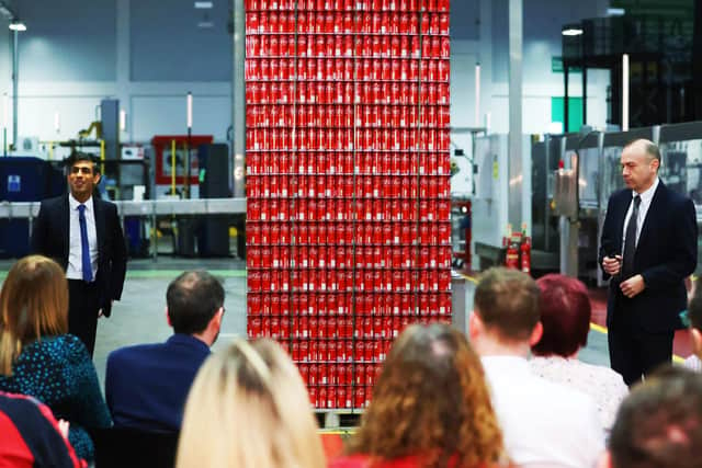 Rishi Sunak and Chris Heaton-Harris separated by a wall of Coca-Cola at the drinks plant in Lisburn