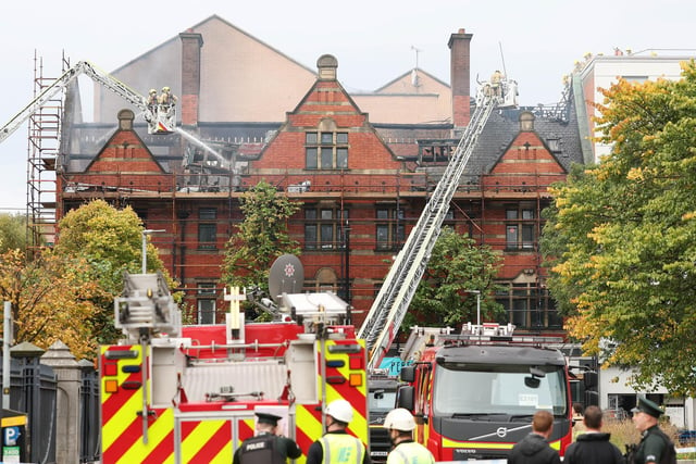 The scene on Donegal Street in Belfast City Centre where firefighters are tacking a blaze at the Cathedral Buildings.