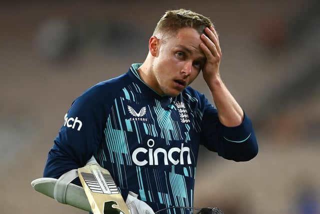 Sam Curran of England walks off the field after being dismissed by Sean Abbott of Australia during game three of the One Day International series between Australia and England at Melbourne Cricket Ground on November 22, 2022 in Melbourne, Australia. (Photo by Quinn Rooney/Getty Images)