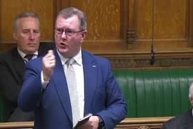 An animated Jeffrey Donaldson addresses MPs in the House of Commons. In the course of his speech he told MPs he had been threatened by loyalists over rumours that a deal is being cooked up with the government which would see the DUP return to Stormont without the total removal of the Irish Sea border.
