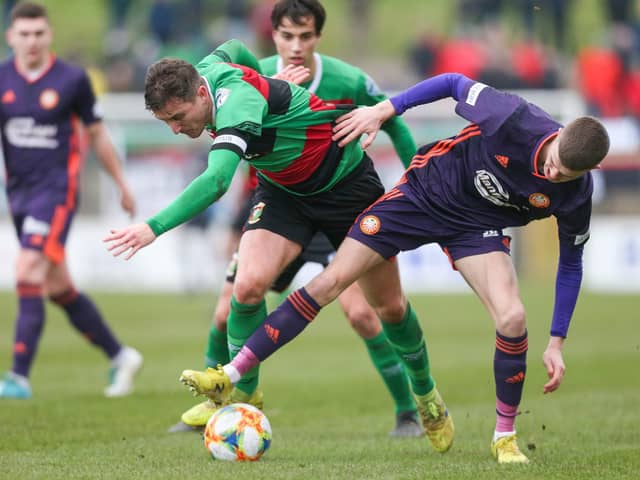 Ryan Carmichael in action for Portadown against Glentoran's Marcus Kane in the 2019/20 Irish Cup fifth round. PIC: Matt Mackey / Press Eye.