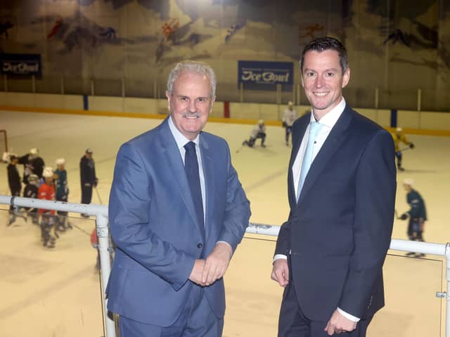 Work to redevelop Dundonald International Ice Bowl will get underway soon, following the appointment of a building contractor to undertake the multi-million pound project. Pictured are councillor Thomas Beckett, chair of Lisburn & Castlereagh City Council’s Communities and Wellbeing Committee with David Burns, chief executive of Lisburn & Castlereagh City Council at Dundonald International Ice Bowl