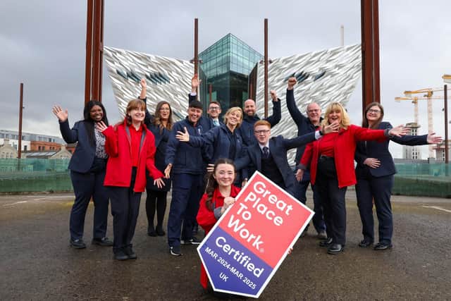 Team members from Titanic Belfast celebrate after the world-leading visitor attraction is certified as a Great Place to Work following an independent employee survey. In addition to this, Titanic Belfast has also announced that it has welcomed its eight millionth visitor