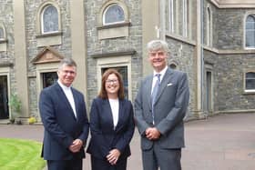 Outside First Presbyterian Church, Bangor on Sunday September 10 2023 are (left to right) the Moderator of the Presbyterian Church in Ireland, Rt Rev Dr Sam Mawhinney,  First Bangor's Minister, Rev Mairisine Stanfield and His Majesty's Lord Lieutenant of County Down, Gawn Rowan-Hamilton
