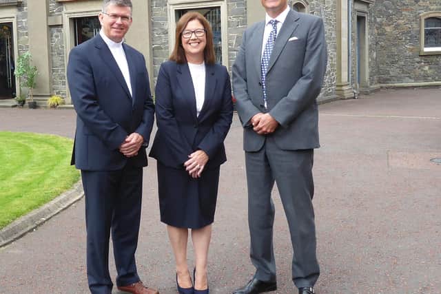 Outside First Presbyterian Church, Bangor on Sunday September 10 2023 are (left to right) the Moderator of the Presbyterian Church in Ireland, Rt Rev Dr Sam Mawhinney, First Bangor's Minister, Rev Mairisine Stanfield and His Majesty's Lord Lieutenant of County Down, Gawn Rowan-Hamilton