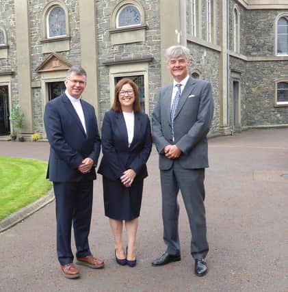 Outside First Presbyterian Church, Bangor on Sunday September 10 2023 are (left to right) the Moderator of the Presbyterian Church in Ireland, Rt Rev Dr Sam Mawhinney,  First Bangor's Minister, Rev Mairisine Stanfield and His Majesty's Lord Lieutenant of County Down, Gawn Rowan-Hamilton