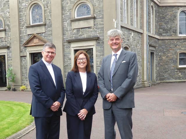 Outside First Presbyterian Church, Bangor on Sunday September 10 2023 are (left to right) the Moderator of the Presbyterian Church in Ireland, Rt Rev Dr Sam Mawhinney,  First Bangor's Minister, Rev Mairisine Stanfield and His Majesty's Lord Lieutenant of County Down, Gawn Rowan-Hamilton