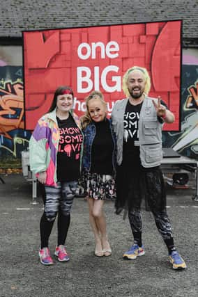 Becky Bellamy and Connor Kerr from of Another World Belfast receive a surprise ‘One Big Thank You’ from Eurovision pop sensation Sonia as the BBC’s The One Show visited their Swap Shop in Belfast City Centre.