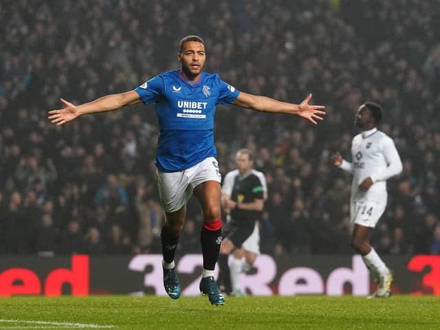 Rangers' Cyriel Dessers celebrates scoring their side's first goal of the game during the cinch Premiership match at Ibrox Stadium, Glasgow. PIC: Andrew Milligan/PA Wire.