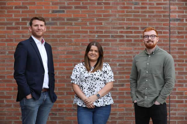 Holywood-based cloud technology company 3EN has seen its sales increase by almost 10% in the first six months of 2023. Pictured are Matthew McDowell (head of sales), Laura Blacklock (chief client relations officer) and Conor McDonnell (head of client services)