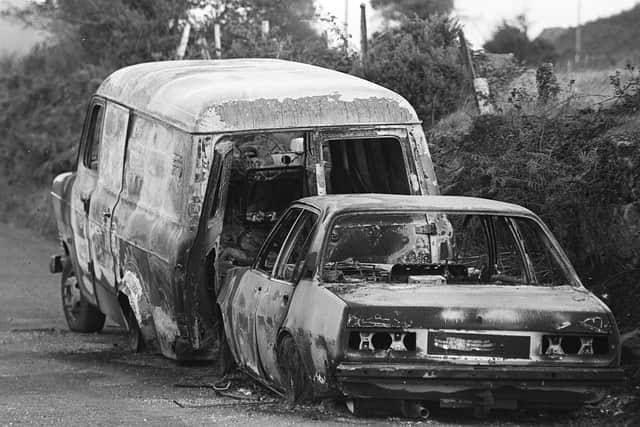 Burnt-out Vehicles Used in Ben Dunne kidnap at Forkhill, 21st Oct. 1981 - 1008/81/BW