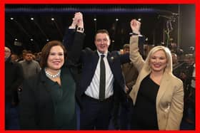 Sinn Fein's John Finucane celebrates with party leader Mary Lou McDonald (left) and deputy leader Michelle O'Neill after being elected an MP in 2019. Victims should be able to question the party. Photo: Liam McBurney/PA Wire