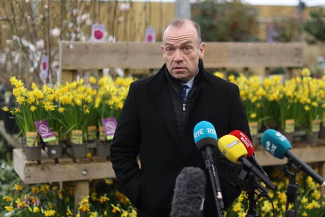 Northern Ireland Secretary Chris Heaton-Harris speaks to the media during a press conference outside the Hillmount Garden Centre, on the Upper Braniel Road in Belfast, during his visit to Northern Ireland to sell the Windsor Framework deal