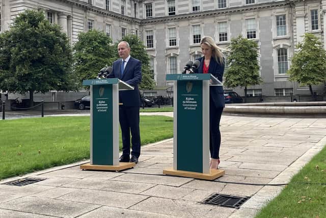 Tanaiste and Foreign Affairs Minister Micheal Martin and Justice Minister Helen McEntee speak to the media about the Defamation (Amendment) Bill 2024, during a press conference at Government Buildings in Dublin on Thursday. Photo: Grainne Ni Aodha/PA Wire