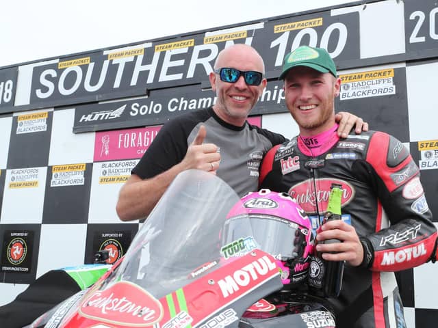 Davey Todd and John Burrows at the Southern 100 in 2018. Todd will ride a BMW M1000RR for the Burrows Engineering/RK Racing team at the Macau Grand Prix in November.