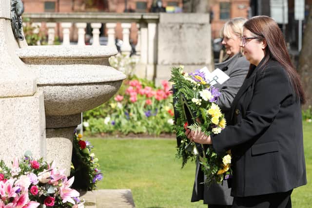 Deputy Lord Mayor of Belfast, Councillor Michelle Kelly, and Susie Millar from Belfast Titanic Society, lay wreaths in the Titanic Memorial Garden at City Hall on Saturday