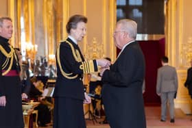 Her Royal Highness, the Princess Royal, presents Terence Donnelly with an OBE for Services to the Motor Industry. Credit: HM The King and Brtitish Ceremonial Arts Limited