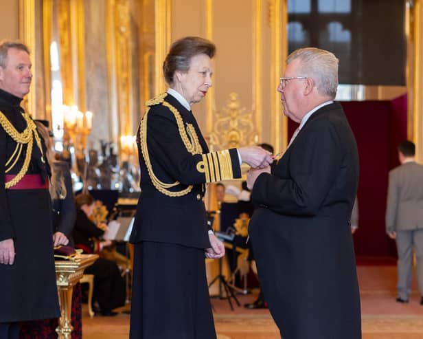 Her Royal Highness, the Princess Royal, presents Terence Donnelly with an OBE for Services to the Motor Industry. Credit: HM The King and Brtitish Ceremonial Arts Limited