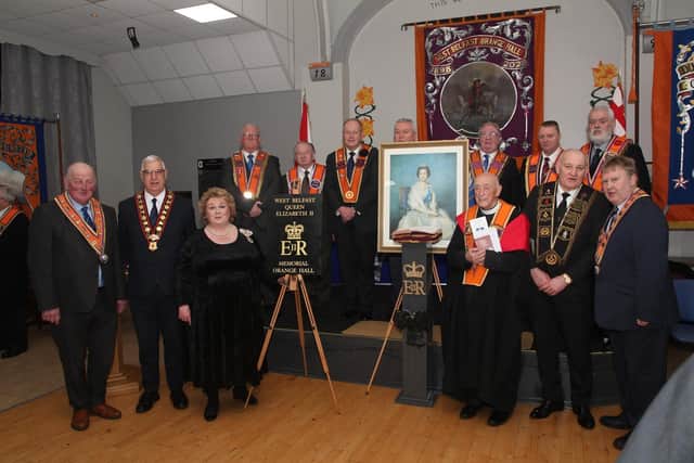 Invited guests at the rededication and renaming ceremony of West Belfast Orange Hall