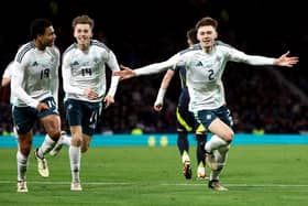 Northern Ireland’s Conor Bradley celebrates his first-half goal in the 1-0 international friendly win over Scotland at Hampden Park. Picture: William Cherry/Presseye