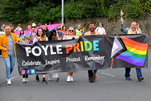 The Foyle Pride Parade makes its way along Duke Street in Derry. 
Photograph: George Sweeney / Derry Journal. DER2234GS – 028