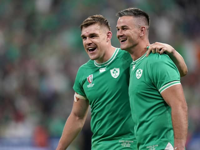 Ireland's Johnny Sexton and Garry Ringrose (left) celebrate victory over Scotland