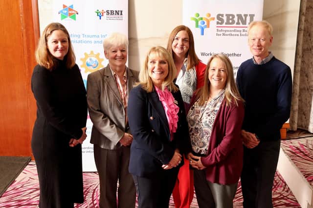 L-R: Adele Brown Director of Norther Ireland Executive’s Programme, Bernie Mc Nally OBE, Independent Chair of Safeguarding Board for Northern Ireland (SBNI), Helen Mc Kenzie Operations Director, Safeguarding Board for Northern Ireland, Dr. Jayne Brady Head of Civil Service Northern Ireland, Professor Mandy Davis and Simon Rogers Safeguarding Board for Northern Ireland attend the ‘Systems to Support Our People’ conference hosted by Safeguarding Board for Northern Ireland held at Stormont Hotel today. Unresolved Adversity in Childhood and Adult Trauma in Northern Ireland Costs an Estimated £1.3 Billion Annually – Trauma Conference Hears