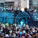 Manchester City during Sunday's trophy parade to celebrate a fourth successive Premier League title. (Photo by Bradley Collyer/PA Wire)