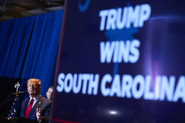 Republican Party presidential candidate former President Donald Trump speaks at a primary election night party in South Carolina, which he won in his bid to get the party's nomination for the presidential election in November. Some 60% of Republican voters in that state identified themselves as evangelical white Christians (AP Photo/Andrew Harnik)
