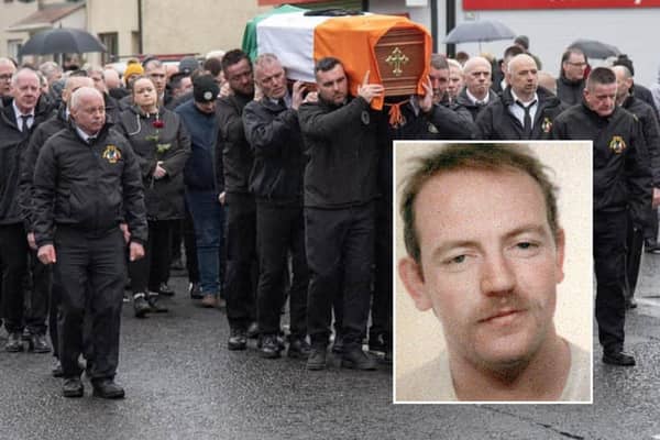 The funeral in Strabane last week of Pearse McAuley (inset). McAuley was jailed for killing Garda Jerry McCabe in 1996