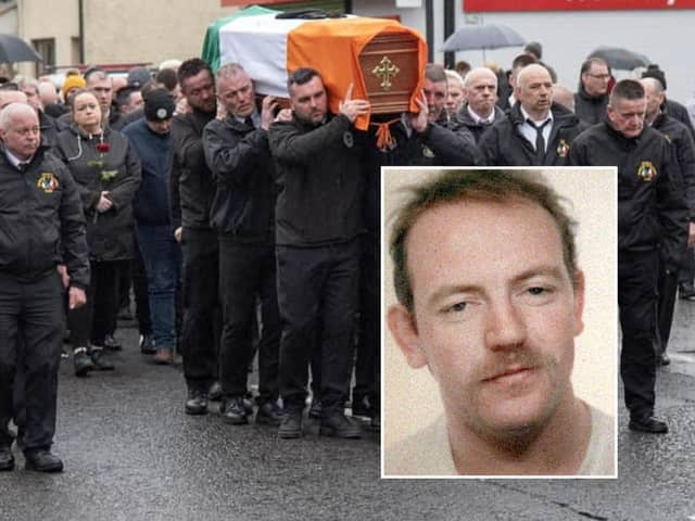 The funeral in Strabane last week of Pearse McAuley (inset). McAuley was jailed for killing Garda Jerry McCabe in 1996
