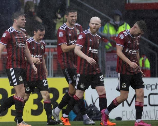Crusaders celebrate after Philip Lowry scored an equaliser against Glentoran at Seaview, Belfast. PIC: David Maginnis/Pacemaker Press