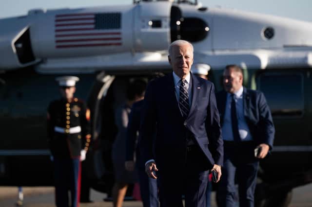 US President Joe Biden boards Air Force One in Philadelphia, Pennsylvania, yesterday. "I do not want to see him coming to Northern Ireland to celebrate the Belfast Agreement, as that would mean that the DUP would have allowed themselves to be deceived. He said he would not to be coming if Stormont is not up and running" (Photo by SAUL LOEB/AFP via Getty Images)