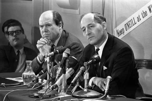 Captain Terence O'Neill, Northern Ireland Prime Minister, (right) and Roy Bradford, Minister of Commerce, at a news conference at Unionist headquarters in Belfast.  A proposal for a tunnel between Northern Ireland and Scotland was raised with Mr O'Neill in the 1960s, newly declassified files have revealed.Picture: PA/PA Wire