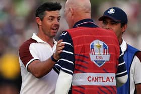 Team Europe's Rory McIlroy argues with Joe LaCava, caddie of USA's Patrick Cantlay, on the 18th during the fourballs on day two of the 44th Ryder Cup at the Marco Simone Golf and Country Club, Rome, Italy. (Photo by Mike Egerton/PA Wire).
