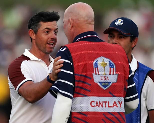Team Europe's Rory McIlroy argues with Joe LaCava, caddie of USA's Patrick Cantlay, on the 18th during the fourballs on day two of the 44th Ryder Cup at the Marco Simone Golf and Country Club, Rome, Italy. (Photo by Mike Egerton/PA Wire).