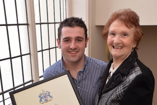PACEMAKER, BELFAST, 17/1/2014: That's my boy!
Michael Dunlop is congratulated on receiving the Freeman of the Borough of Ballymoney by his grand mother May.
The 24 year old, who received the award after winning four Isle of Man TT races in 2013,  followed in the footsteps of his famous Uncle Joey and his late father Robert, who became Freemen of the Borough in 1993 and 2007 respectively.
PICTURE BY STEPHEN DAVISON:-