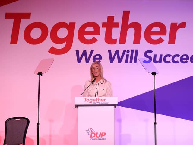 Carla Lockhart MP speaking the DUP's annual conference at the Crowne Plaza Hotel in Belfast. Picture date: Saturday October 14, 2023. PA Photo.  Photo: Liam McBurney/PA Wire