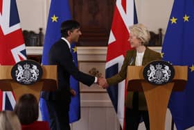Prime Minister Rishi Sunak and European Commission president Ursula von der Leyen during a press conference at the Guildhall in Windsor, Berkshire, following the announcement that they have struck a deal over the Northern Ireland Protocol.