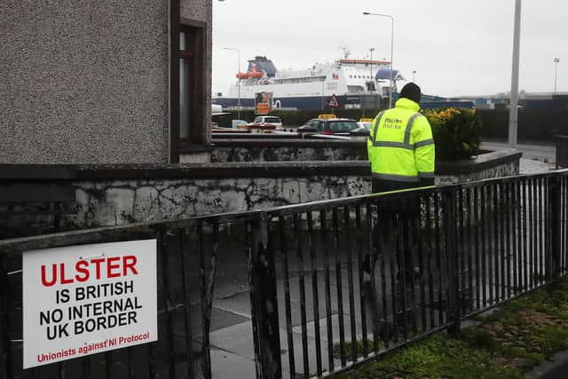 An anti-Brexit sign near the entrance to Larne Port.