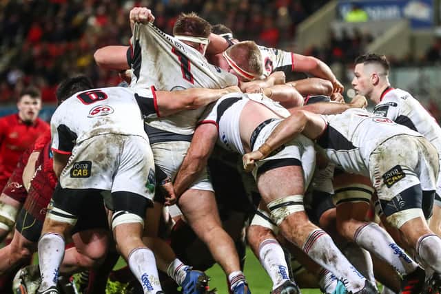 The Ulster Rugby team in action at Kingspan Stadium, Belfast. The Belfast Pride Parade has banned Ulster Rugby from participating this year in protest at a new policy on trans players. Pic: ©INPHO/James Crombie