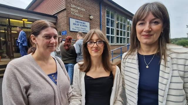 From left, Heather and Jenny Douglas and Head of Year at Dromore High School, Vicky Ennis. Both mother and teacher shed tears of joy at Jenny's results.