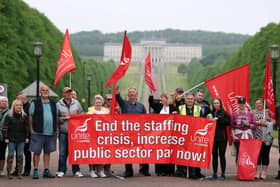 Striking school workers at Stormont today