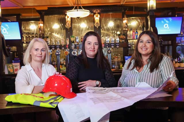 Time Bar and Venue in Cookstown is to undergo a major summer refurbishment as part of an overall investment by the Magherafelt-based Oakleaf Group of £3million in the Mid-Ulster region over a two-year period.  Whilst the associated Jailbird Garden Bar will remain open and untouched during the construction works, Time’s ground floor and first floor venue will be closed from Sunday, June 30 and transformed into a traditional Irish sports pub, with new state-of-the-art multi-purpose first and second floor venue, both to be launched in the autumn. Reviewing the plans are Paula McGeagh, front of house manager, Time Bar and Venue, Nicky Huddleston, director of 1 Oak Leisure and Nicolette Campbell, quantity surveyor, Oakleaf Contracts