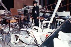 The bloodstained ruins of the classroom where the IRA bomb exploded