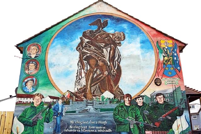 A west Belfast mural honouring the IRA, which killed well over 1,700 people, of which roughly 800 or so were Protestant (as compared with around 350 Catholics, with most of the remainder being from outside Northern Ireland, such as British soldiers and civilians)