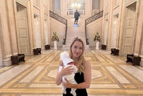 Emma Vardy pictured with her new baby at Stormont